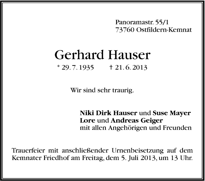  Traueranzeige für Gerhard Hauser vom 29.06.2013 aus Stuttgarter Zeitung / Stuttgarter Nachrichten