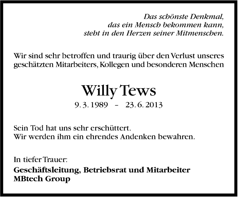  Traueranzeige für Willy Tews vom 27.06.2013 aus Stuttgarter Zeitung / Stuttgarter Nachrichten
