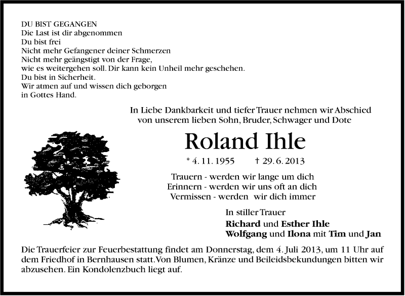  Traueranzeige für Roland Ihle vom 02.07.2013 aus Stuttgarter Zeitung / Stuttgarter Nachrichten