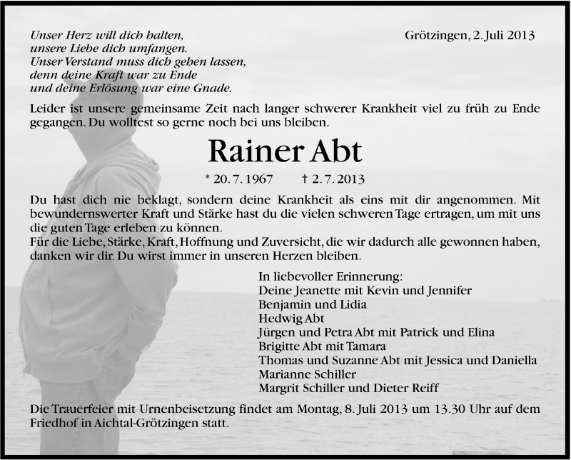  Traueranzeige für Rainer Abt vom 04.07.2013 aus Stuttgarter Zeitung / Stuttgarter Nachrichten