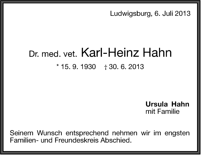  Traueranzeige für Karl-Heinz Hahn vom 06.07.2013 aus Stuttgarter Zeitung / Stuttgarter Nachrichten