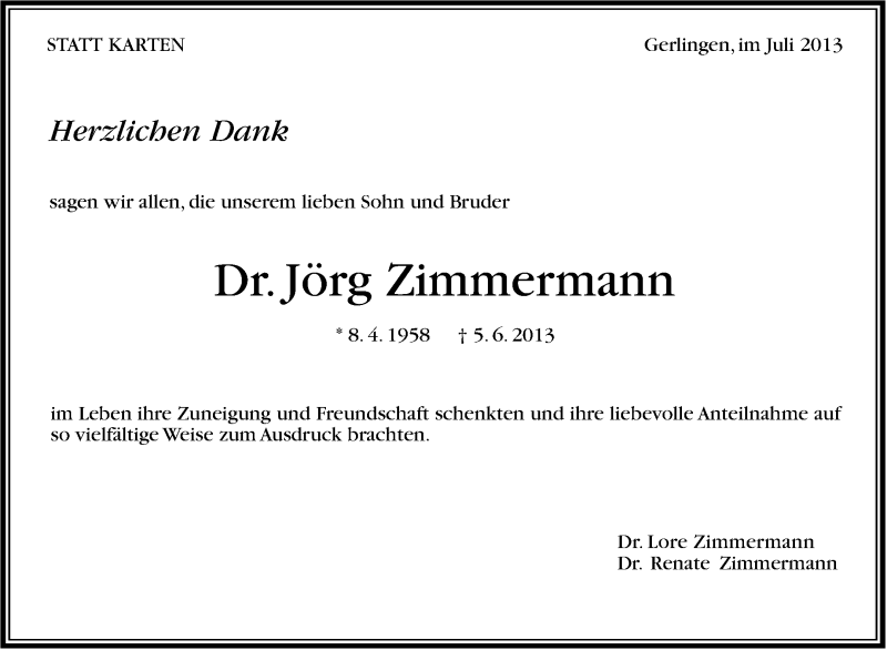  Traueranzeige für Jörg Zimmermann vom 06.07.2013 aus Stuttgarter Zeitung / Stuttgarter Nachrichten