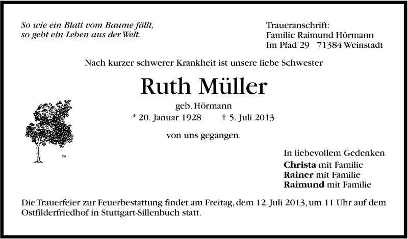  Traueranzeige für Ruth Müller vom 09.07.2013 aus Stuttgarter Zeitung / Stuttgarter Nachrichten