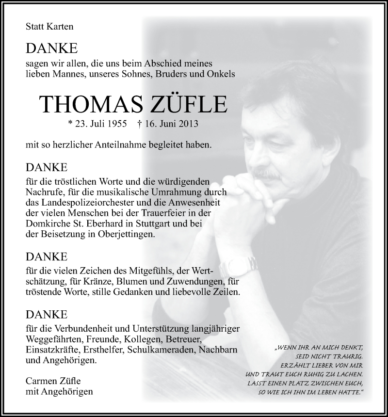  Traueranzeige für Thomas Züfle vom 10.07.2013 aus Stuttgarter Zeitung / Stuttgarter Nachrichten