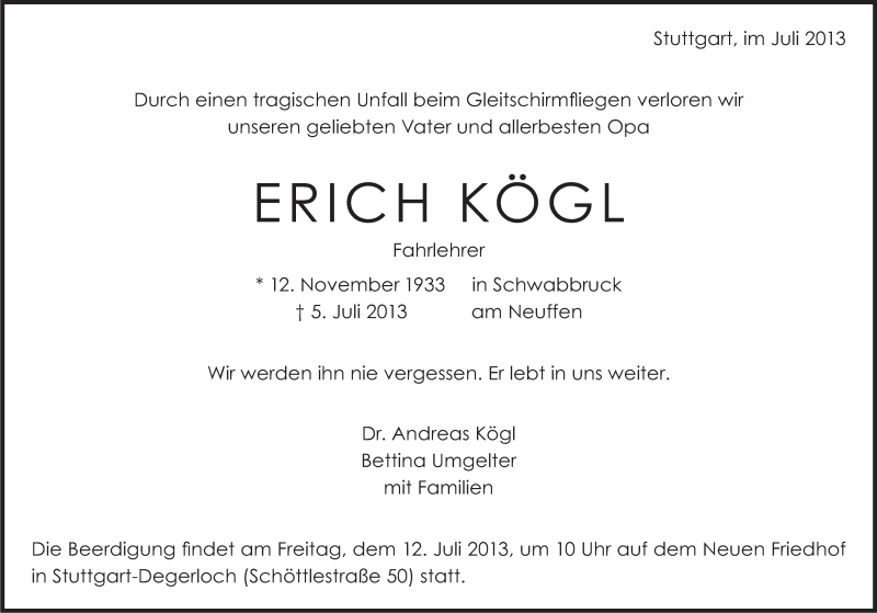  Traueranzeige für Erich Kögl vom 10.07.2013 aus Stuttgarter Zeitung / Stuttgarter Nachrichten