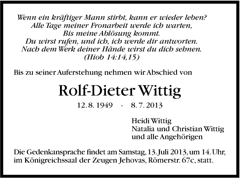  Traueranzeige für Rolf-Dieter Wittig  vom 11.07.2013 aus Stuttgarter Zeitung / Stuttgarter Nachrichten