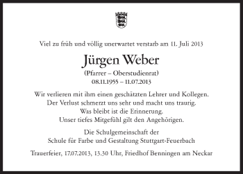 Traueranzeige von Jürgen Weber von Marbacher Zeitung