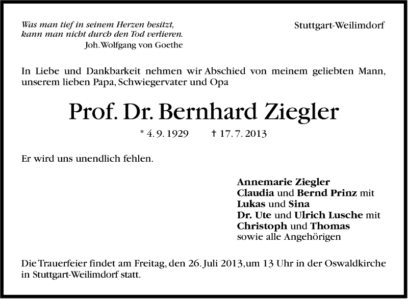  Traueranzeige für Bernhard Ziegler vom 20.07.2013 aus Stuttgarter Zeitung / Stuttgarter Nachrichten