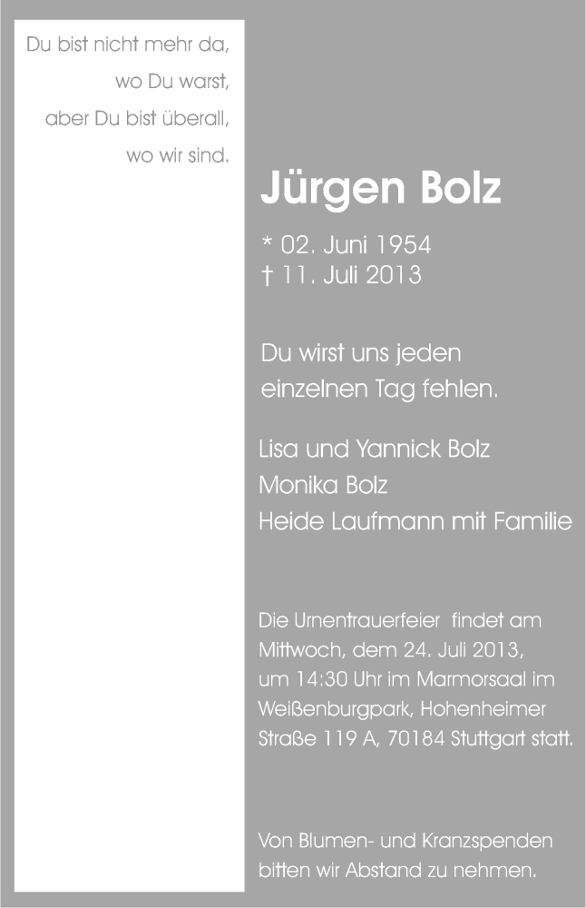  Traueranzeige für Jürgen Bolz vom 20.07.2013 aus Stuttgarter Zeitung / Stuttgarter Nachrichten
