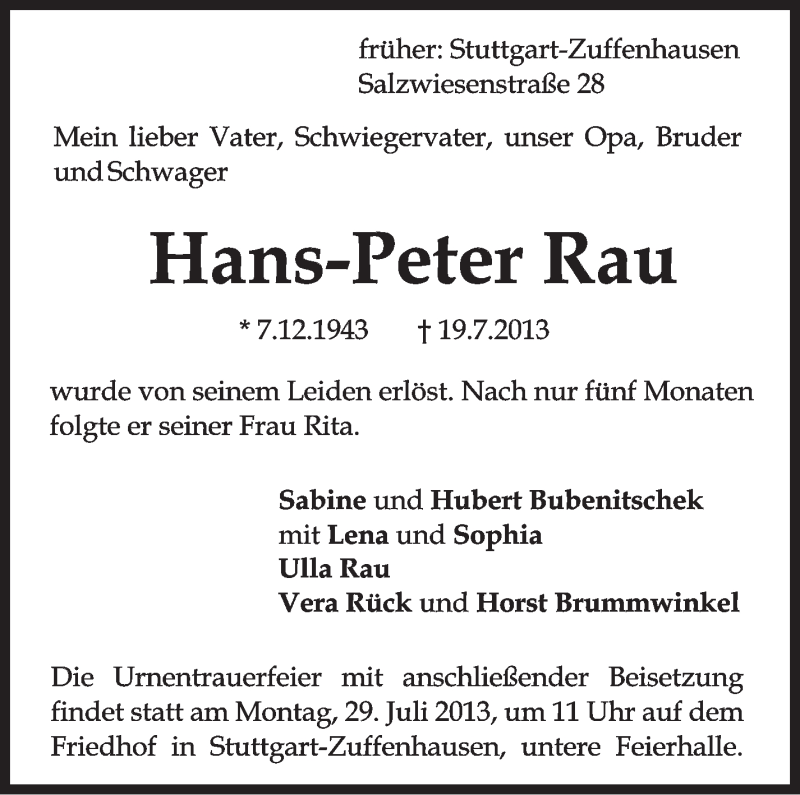  Traueranzeige für Hans-Peter Rau vom 22.07.2013 aus Stuttgarter Zeitung / Stuttgarter Nachrichten