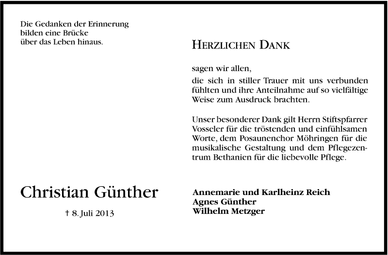  Traueranzeige für Christian Günther vom 27.07.2013 aus Stuttgarter Zeitung / Stuttgarter Nachrichten