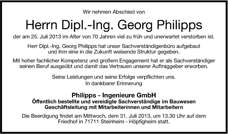  Traueranzeige für Georg Philipps vom 30.07.2013 aus Marbacher Zeitung