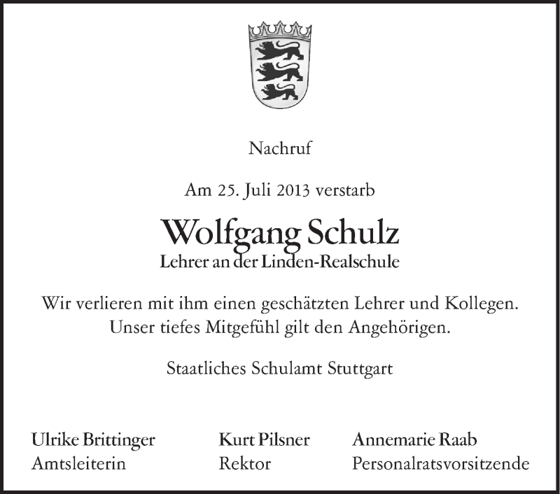  Traueranzeige für Wolfgang Schulz vom 31.07.2013 aus Stuttgarter Zeitung / Stuttgarter Nachrichten