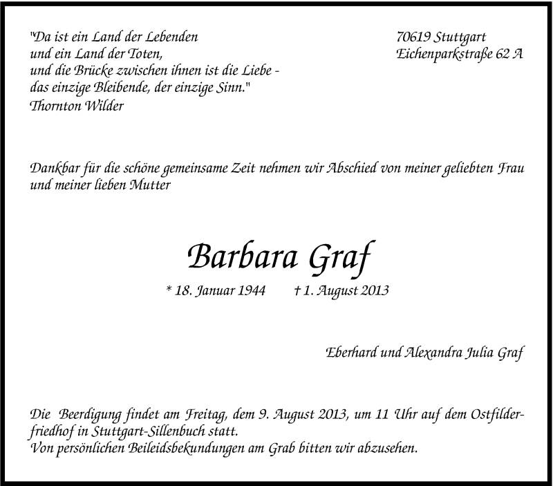 Traueranzeige für Barbara Graf vom 06.08.2013 aus Stuttgarter Zeitung / Stuttgarter Nachrichten