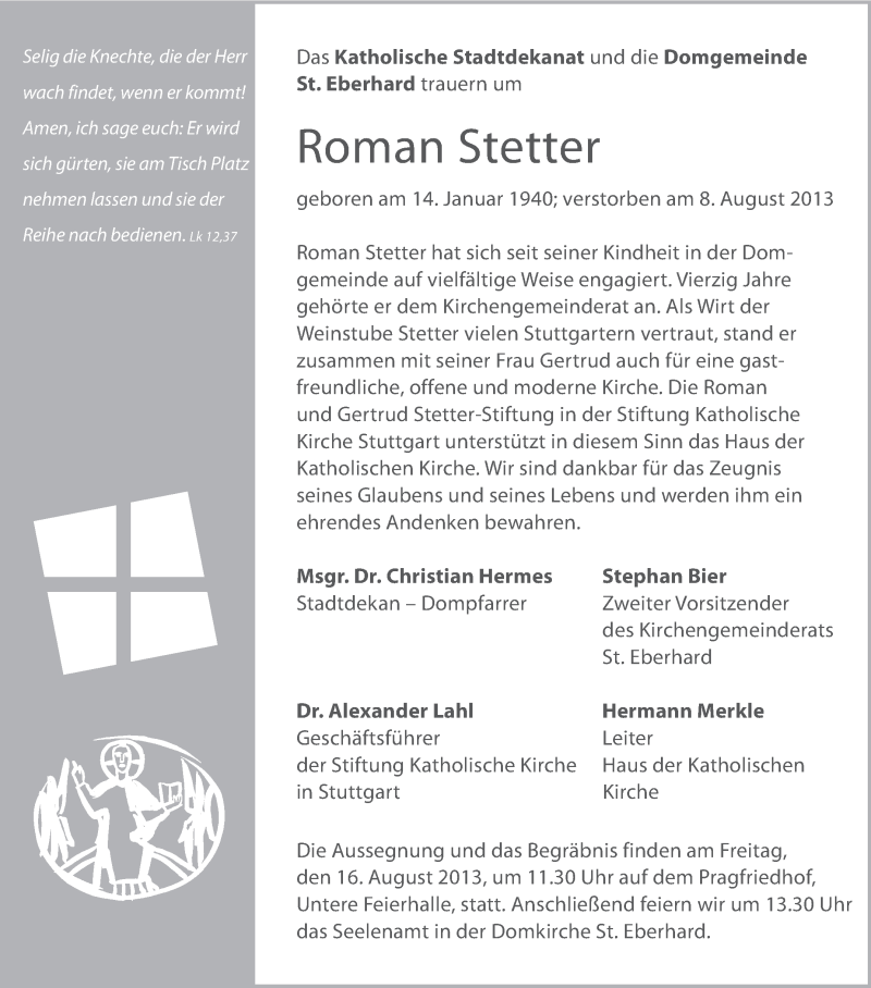  Traueranzeige für Roman Stetter vom 13.08.2013 aus Stuttgarter Zeitung / Stuttgarter Nachrichten