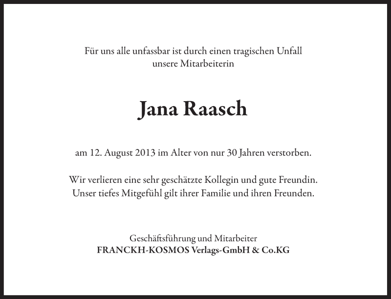  Traueranzeige für Jana Raasch vom 16.08.2013 aus Stuttgarter Zeitung / Stuttgarter Nachrichten