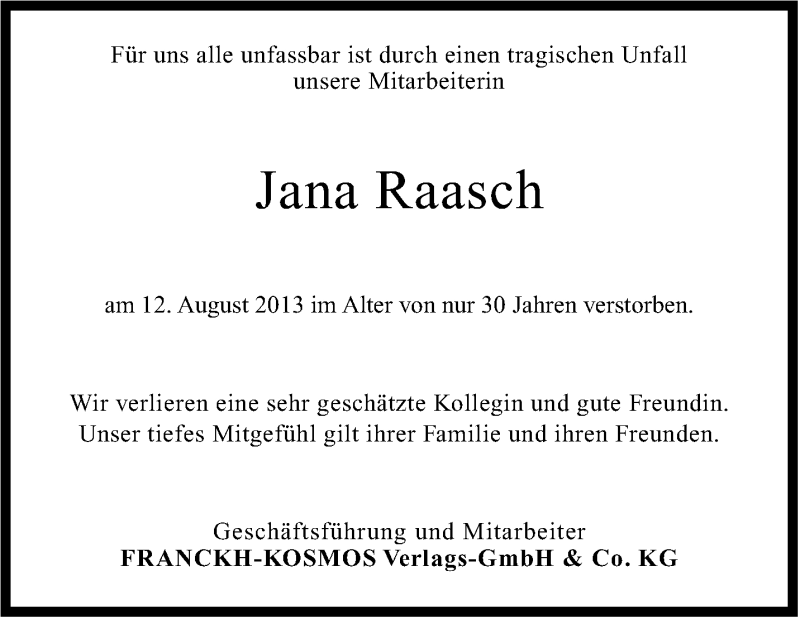  Traueranzeige für Jana Raasch vom 16.08.2013 aus Stuttgarter Zeitung / Stuttgarter Nachrichten