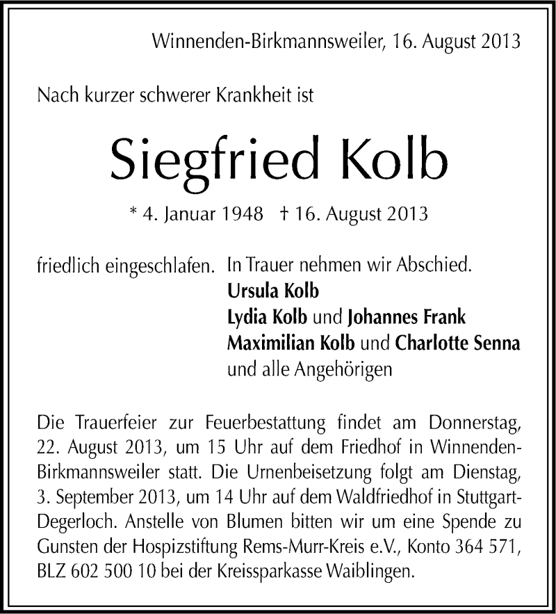  Traueranzeige für Siegfried Kolb vom 20.08.2013 aus Stuttgarter Zeitung / Stuttgarter Nachrichten