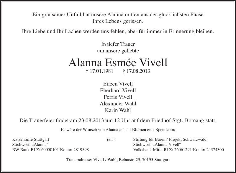  Traueranzeige für Alanna Esmée Vivell vom 22.08.2013 aus Stuttgarter Zeitung / Stuttgarter Nachrichten