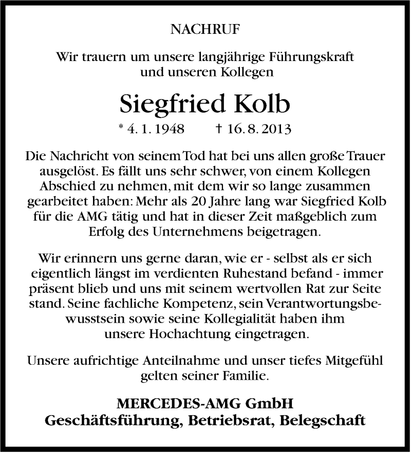  Traueranzeige für Siegfried Kolb vom 24.08.2013 aus Stuttgarter Zeitung / Stuttgarter Nachrichten