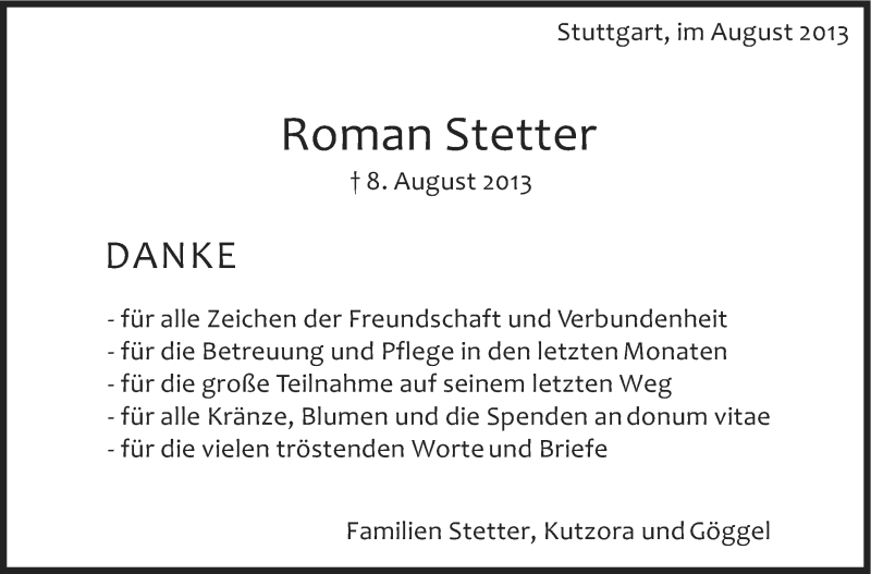  Traueranzeige für Roman Stetter vom 31.08.2013 aus Stuttgarter Zeitung / Stuttgarter Nachrichten
