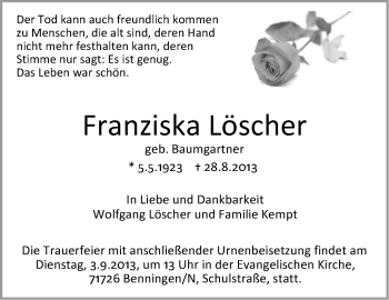 Traueranzeige von Franziska Löscher von Marbacher Zeitung