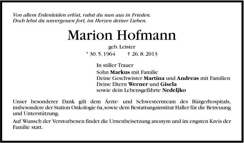  Traueranzeige für Marion Hofmann vom 03.09.2013 aus Stuttgarter Zeitung / Stuttgarter Nachrichten