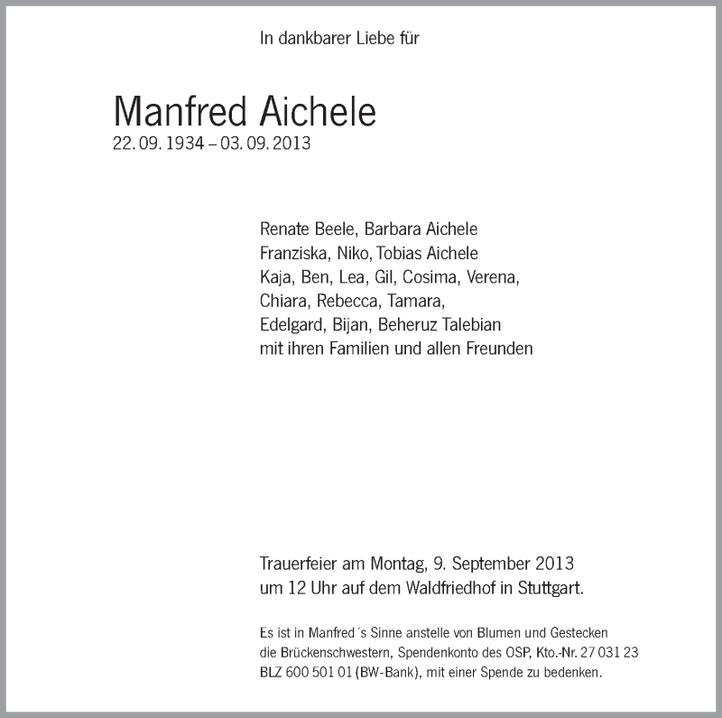  Traueranzeige für Manfred Aichele vom 05.09.2013 aus Stuttgarter Zeitung / Stuttgarter Nachrichten