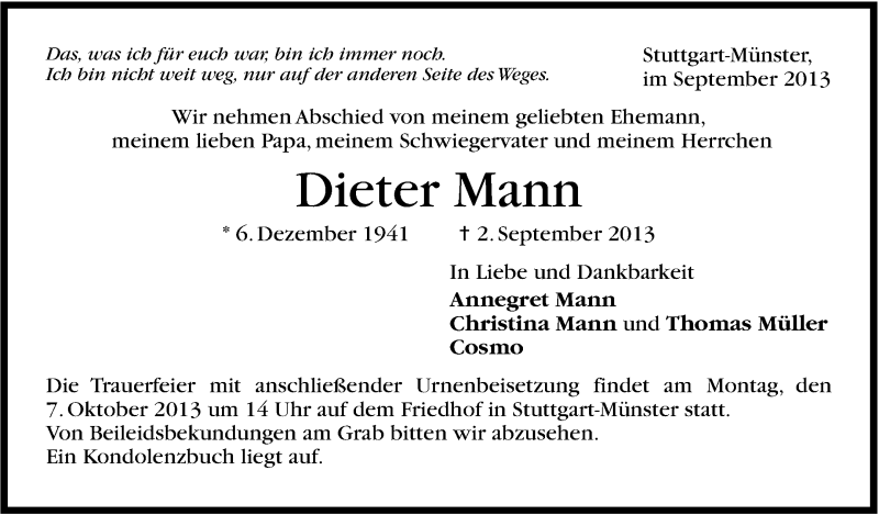  Traueranzeige für Dieter Mann vom 07.09.2013 aus Stuttgarter Zeitung / Stuttgarter Nachrichten