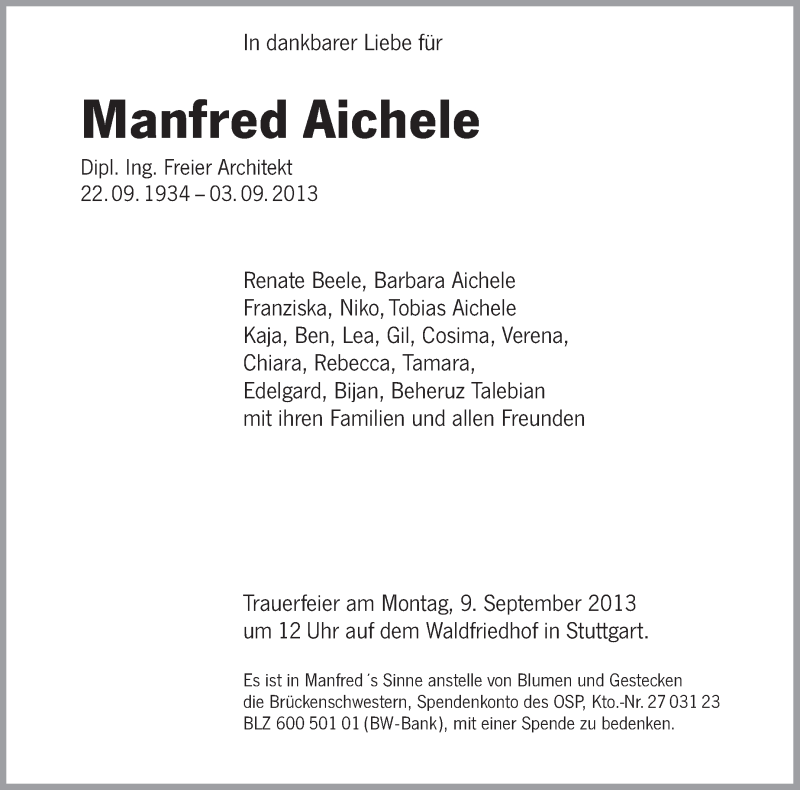  Traueranzeige für Manfred Aichele vom 07.09.2013 aus Stuttgarter Zeitung / Stuttgarter Nachrichten