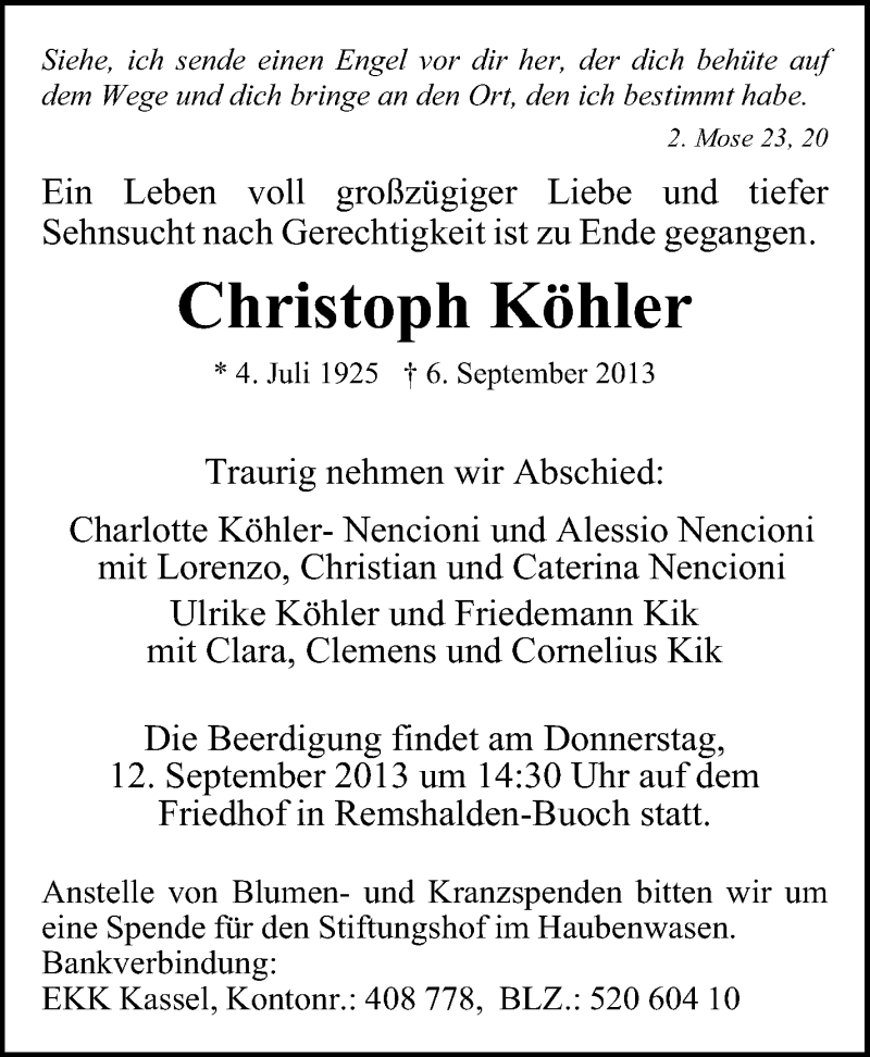  Traueranzeige für Christoph Köhler vom 07.09.2013 aus Stuttgarter Zeitung / Stuttgarter Nachrichten