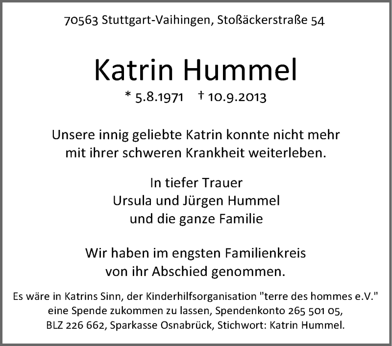  Traueranzeige für Katrin Hummel vom 19.09.2013 aus Stuttgarter Zeitung / Stuttgarter Nachrichten
