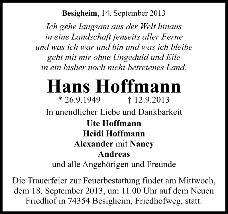 Traueranzeige für Hans Hoffmann vom 14.09.2013 aus Stuttgarter Zeitung / Stuttgarter Nachrichten