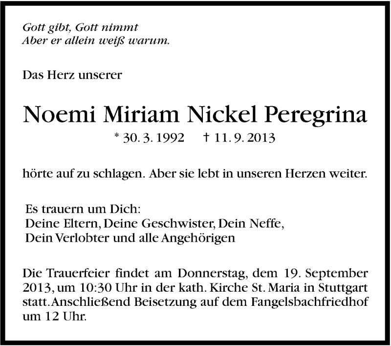  Traueranzeige für Noemi Miriam Nickel Peregrina vom 17.09.2013 aus Stuttgarter Zeitung / Stuttgarter Nachrichten