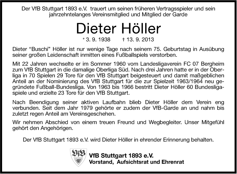  Traueranzeige für Dieter Höller vom 17.09.2013 aus Stuttgarter Zeitung / Stuttgarter Nachrichten