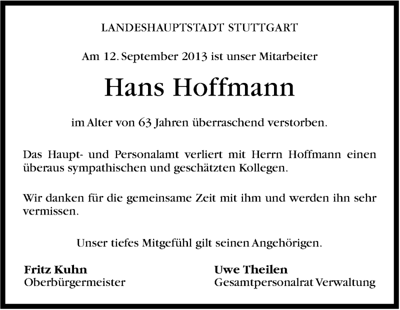  Traueranzeige für Hans Hoffmann vom 18.09.2013 aus Stuttgarter Zeitung / Stuttgarter Nachrichten