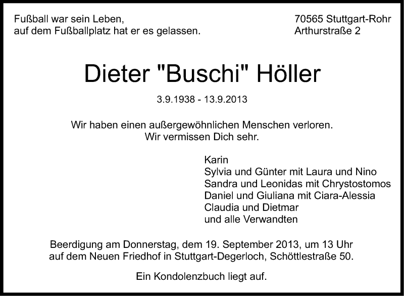  Traueranzeige für Dieter Höller vom 17.09.2013 aus Stuttgarter Zeitung / Stuttgarter Nachrichten