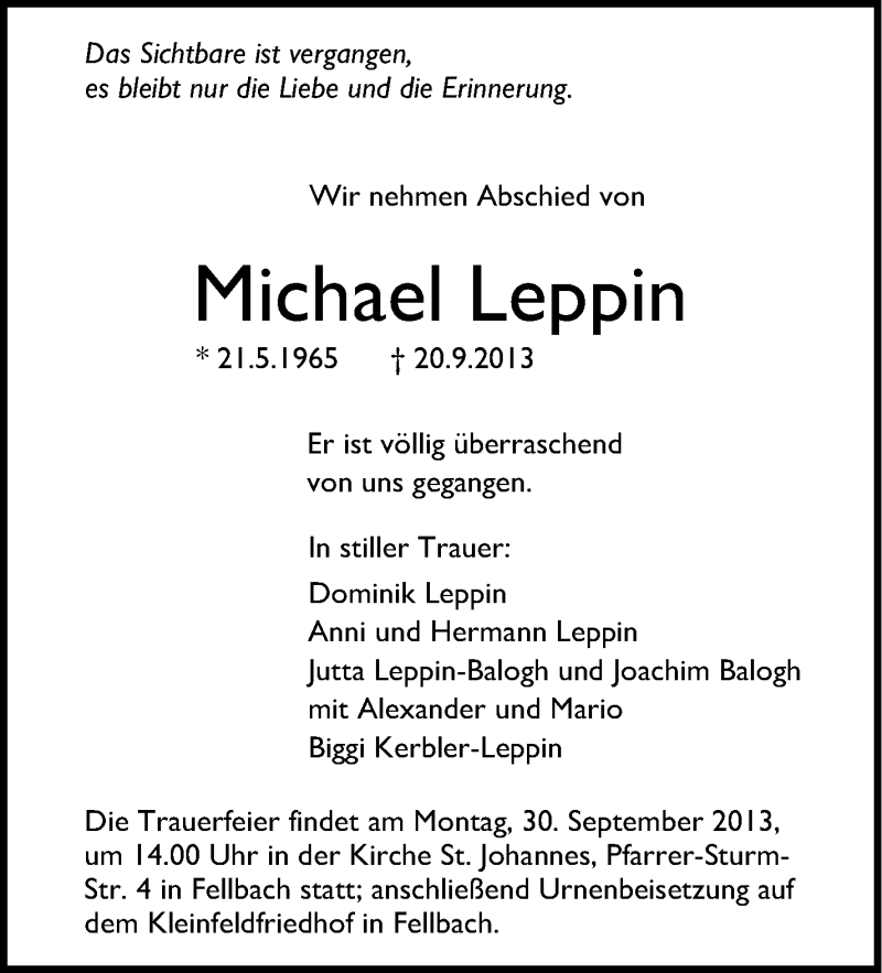  Traueranzeige für Michael Leppin vom 24.09.2013 aus Stuttgarter Zeitung / Stuttgarter Nachrichten