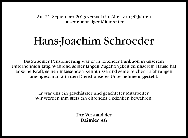  Traueranzeige für Hans-Joachim Schroeder vom 26.09.2013 aus Stuttgarter Zeitung / Stuttgarter Nachrichten