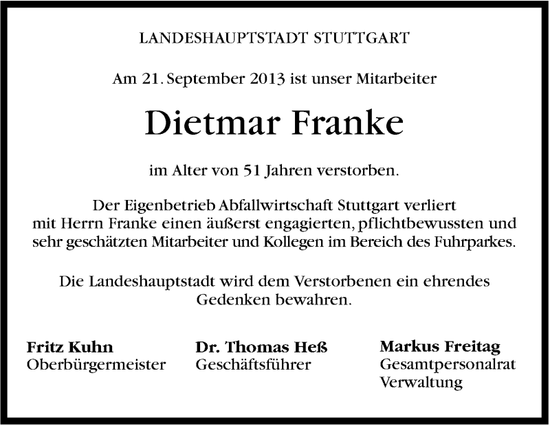  Traueranzeige für Dietmar Franke vom 26.09.2013 aus Stuttgarter Zeitung / Stuttgarter Nachrichten