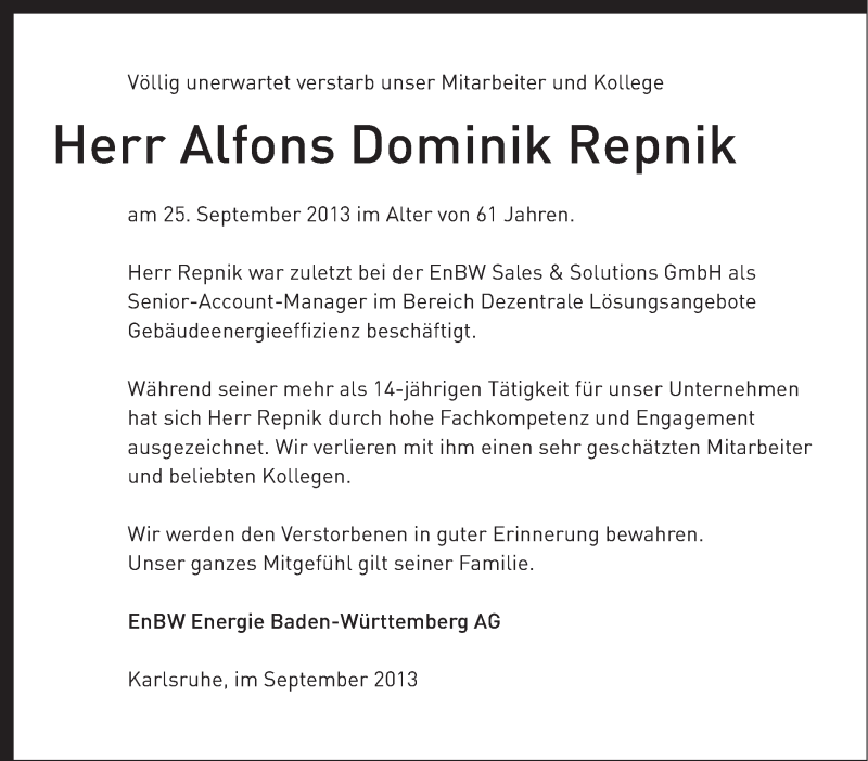  Traueranzeige für Herr Alfons Dominik Repnik vom 28.09.2013 aus Stuttgarter Zeitung / Stuttgarter Nachrichten