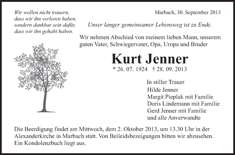  Traueranzeige für Kurt Jenner vom 30.09.2013 aus Marbacher Zeitung