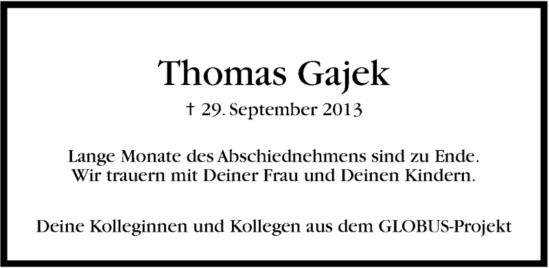  Traueranzeige für Thomas Gajek vom 05.10.2013 aus Stuttgarter Zeitung / Stuttgarter Nachrichten
