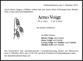 Traueranzeige von Arno Voigt von Marbacher Zeitung
