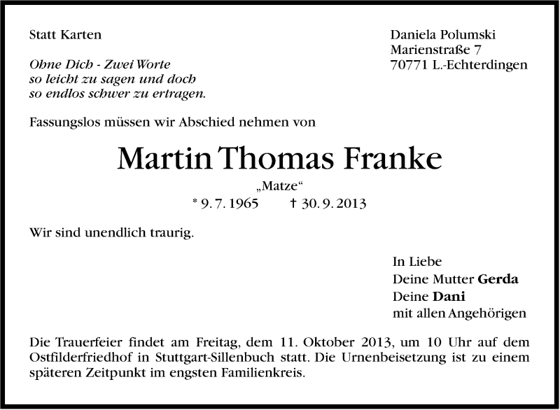  Traueranzeige für Martin Thomas Franke vom 09.10.2013 aus Stuttgarter Zeitung / Stuttgarter Nachrichten
