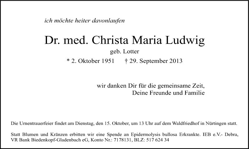  Traueranzeige für Christa Maria Ludwig vom 12.10.2013 aus Stuttgarter Zeitung / Stuttgarter Nachrichten
