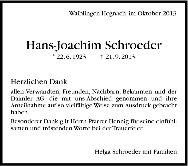  Traueranzeige für Hans-Joachim Schroeder vom 11.10.2013 aus Stuttgarter Zeitung / Stuttgarter Nachrichten
