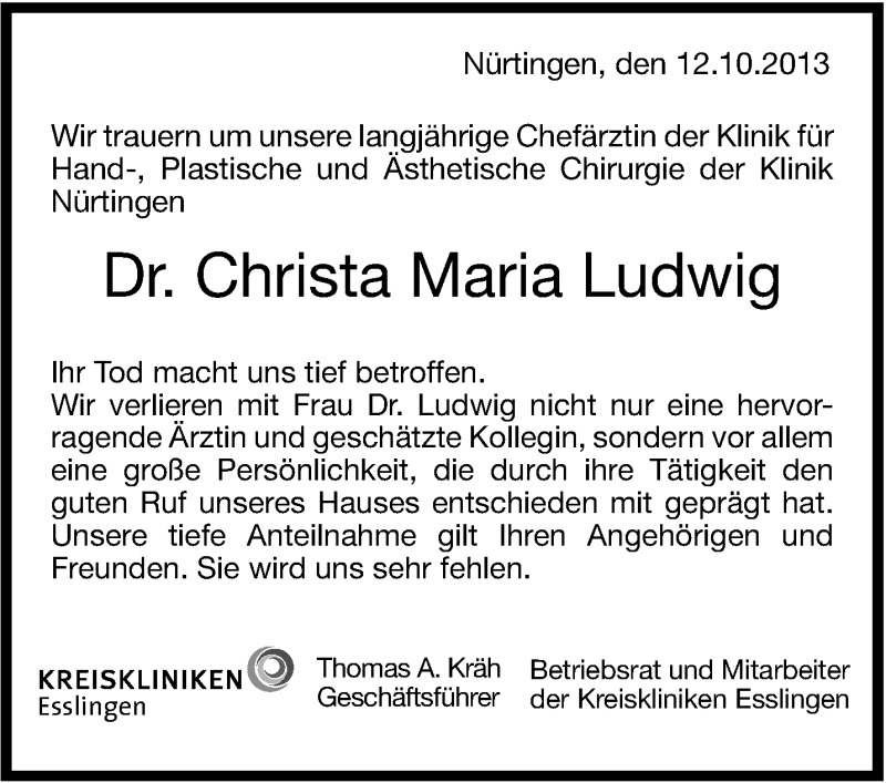  Traueranzeige für Christa Maria Ludwig vom 12.10.2013 aus Stuttgarter Zeitung / Stuttgarter Nachrichten