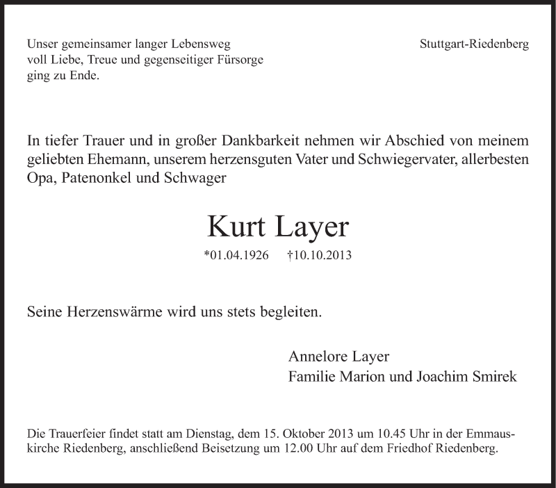  Traueranzeige für Kurt Layer vom 12.10.2013 aus Stuttgarter Zeitung / Stuttgarter Nachrichten