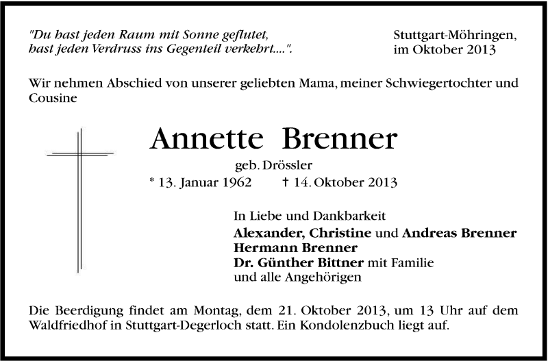  Traueranzeige für Annette Brenner vom 17.10.2013 aus Stuttgarter Zeitung / Stuttgarter Nachrichten